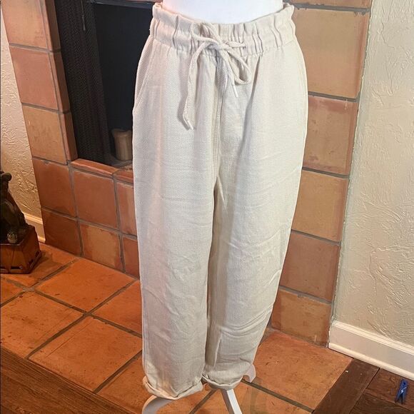 Zara Cream 100% Cotton Loose Fit Drawstring Waist Crop Pant, size L - Picture 1 of 8